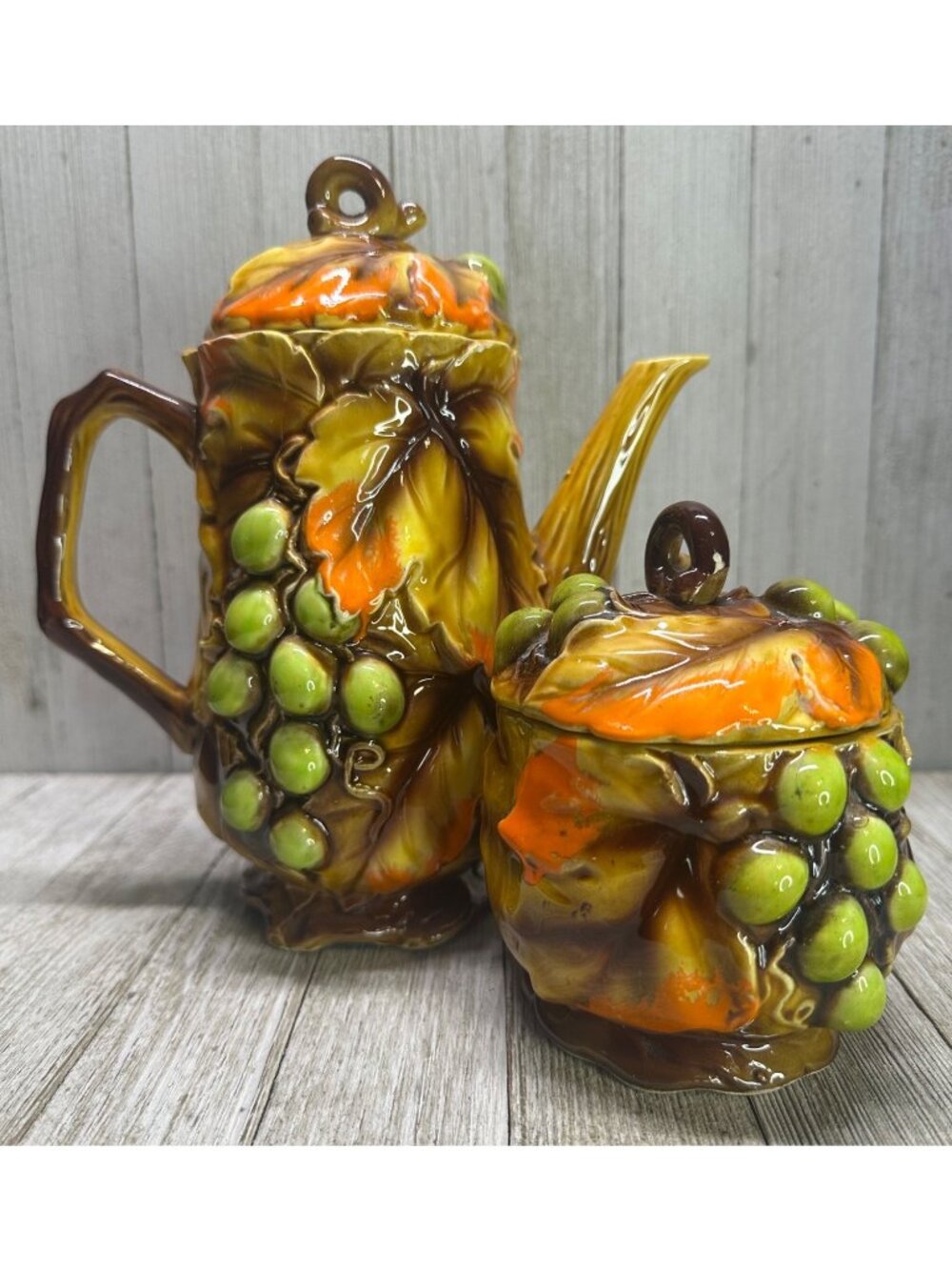 Vtg Nasco Swirling Leaves Grapes Tea Pot & Creamer Sugar Set MCM Japan 8", 4.5"